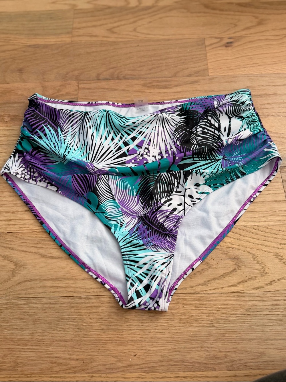 ✨ 3 for $15 sale - Tropical Leaf High-Waist Bikini Bottoms - Teal & Purple - Picture 2 of 4